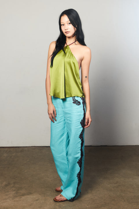 The Tassel Halter Tie Silk Top in Laurel