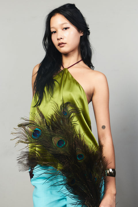 The Tassel Halter Tie Silk Top in Laurel