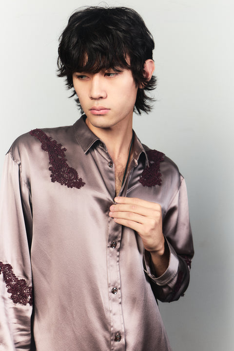 The Hôtel Long Sleeve Silk Twill Shirt in Ironwork