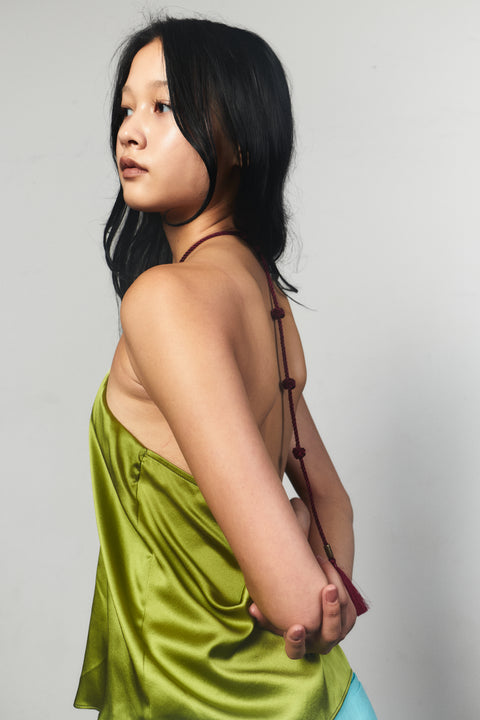 The Tassel Halter Tie Silk Top in Laurel