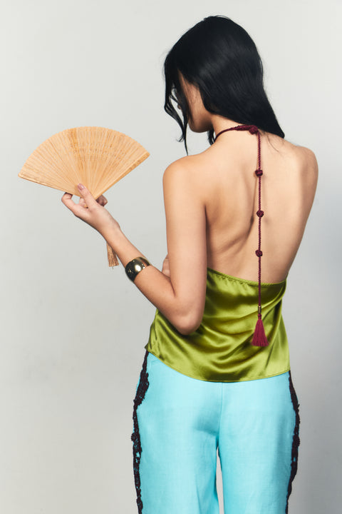 The Tassel Halter Tie Silk Top in Laurel