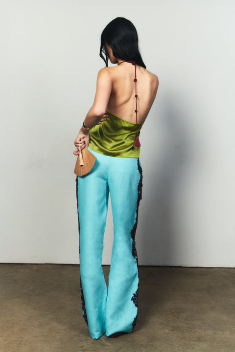 The Tassel Halter Tie Silk Top in Laurel