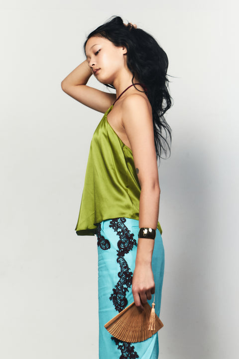 The Tassel Halter Tie Silk Top in Laurel