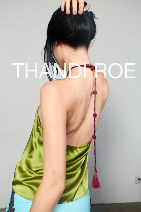 The Tassel Halter Tie Silk Top in Laurel